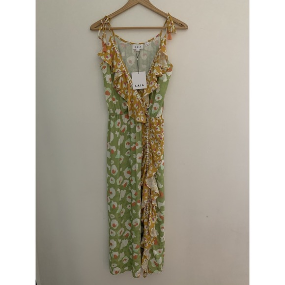 LAIA Dresses & Skirts - NWTAnthropologie LAIA Dress Sz S Colorful Animal Print Faux Wrap Ruffle Tassels